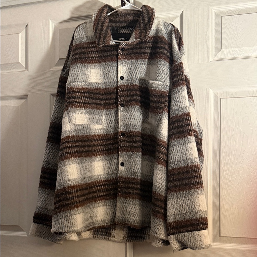 #144 - Brown and Gray Plaid Button-Up Men’s Shacket